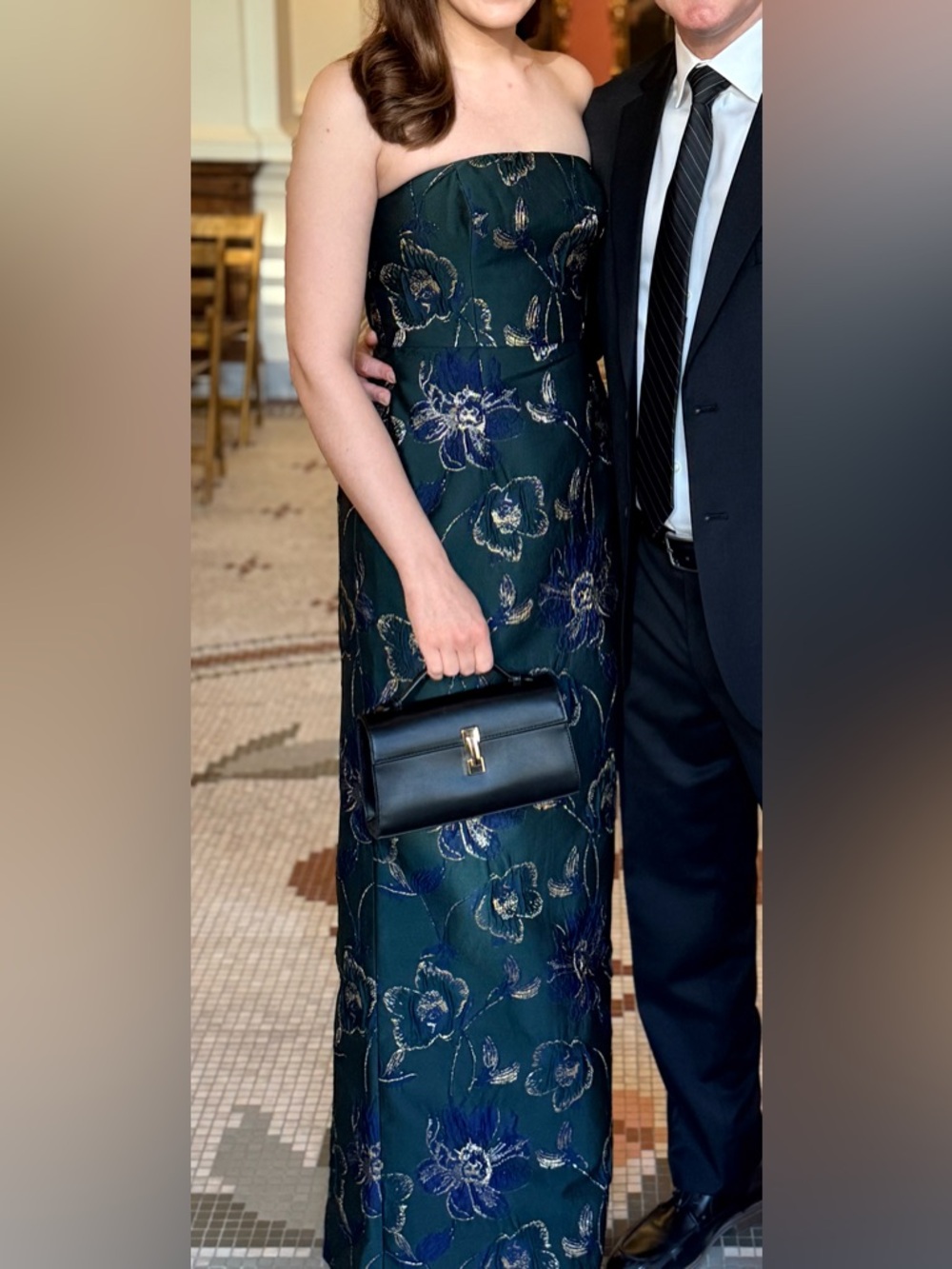Alfred Sung Metallic Strapless Jacquard Column Gown